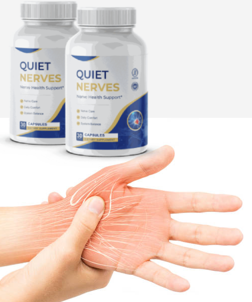 Quiet Nerves bottles and hand showing nerve pathways